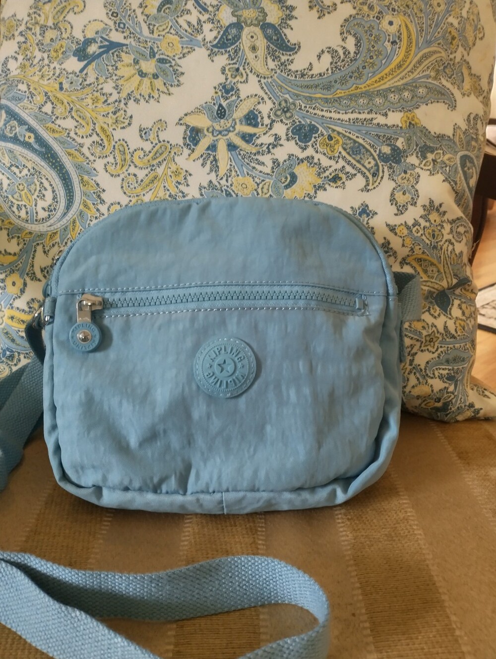 Kipling Light Blue Crossbody Shoulder Travel Casual Multi Zip Everyday Bag
